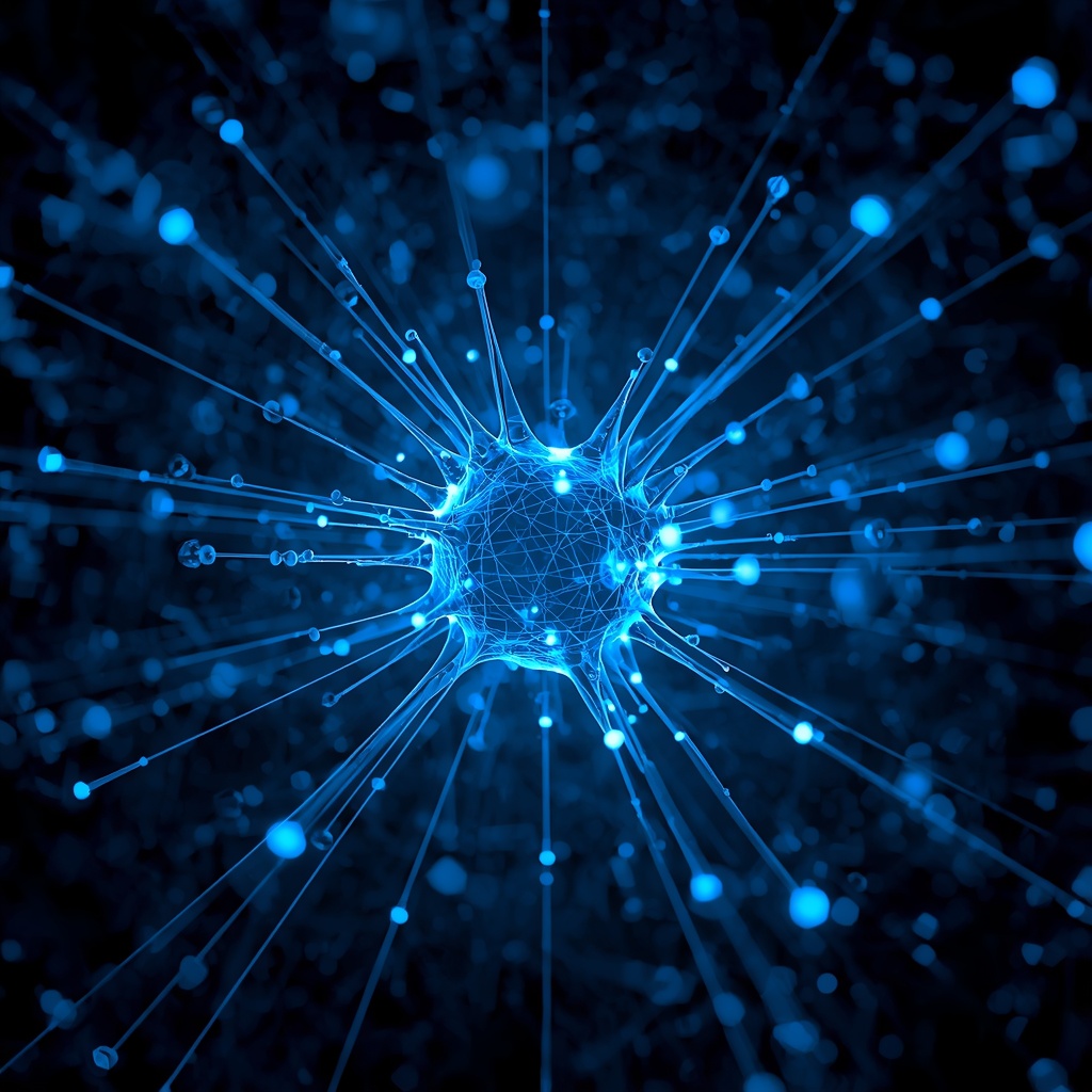 Abstract visualization of deep neural network architecture with multiple hidden layers of glowing blue nodes and interconnected synaptic pathways against a dark cybernetic background